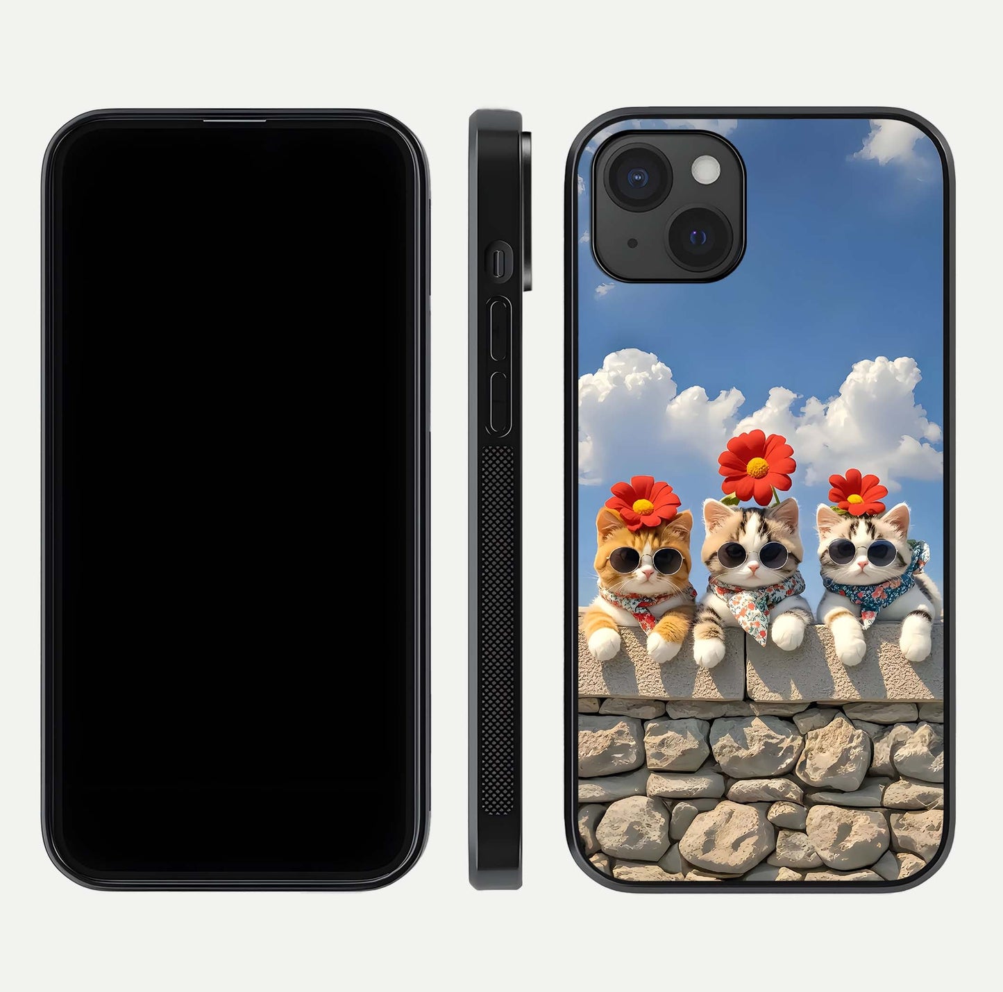 Floral Kitty Squad Glass Case for iPhone 15 Plus dual-view layout displaying vibrant tones and smooth edges