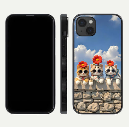 Floral Kitty Squad Glass Case for iPhone 15 Plus dual-view layout displaying vibrant tones and smooth edges
