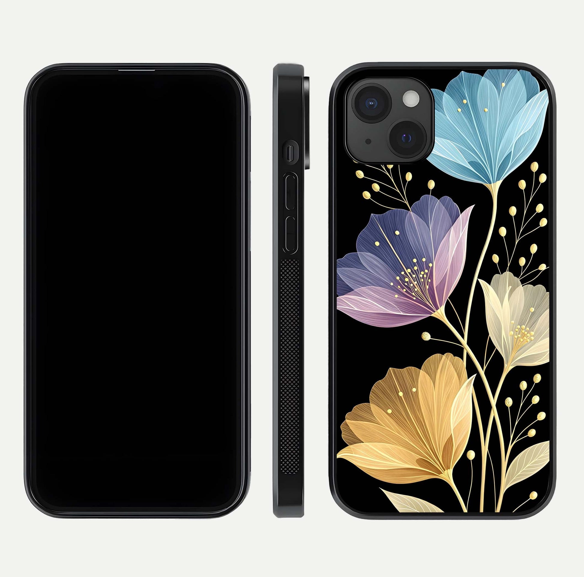 Flower Bloom Glow Glass Case for iPhone 15 Plus dual-view layout displaying petal tones and curved glass edge
