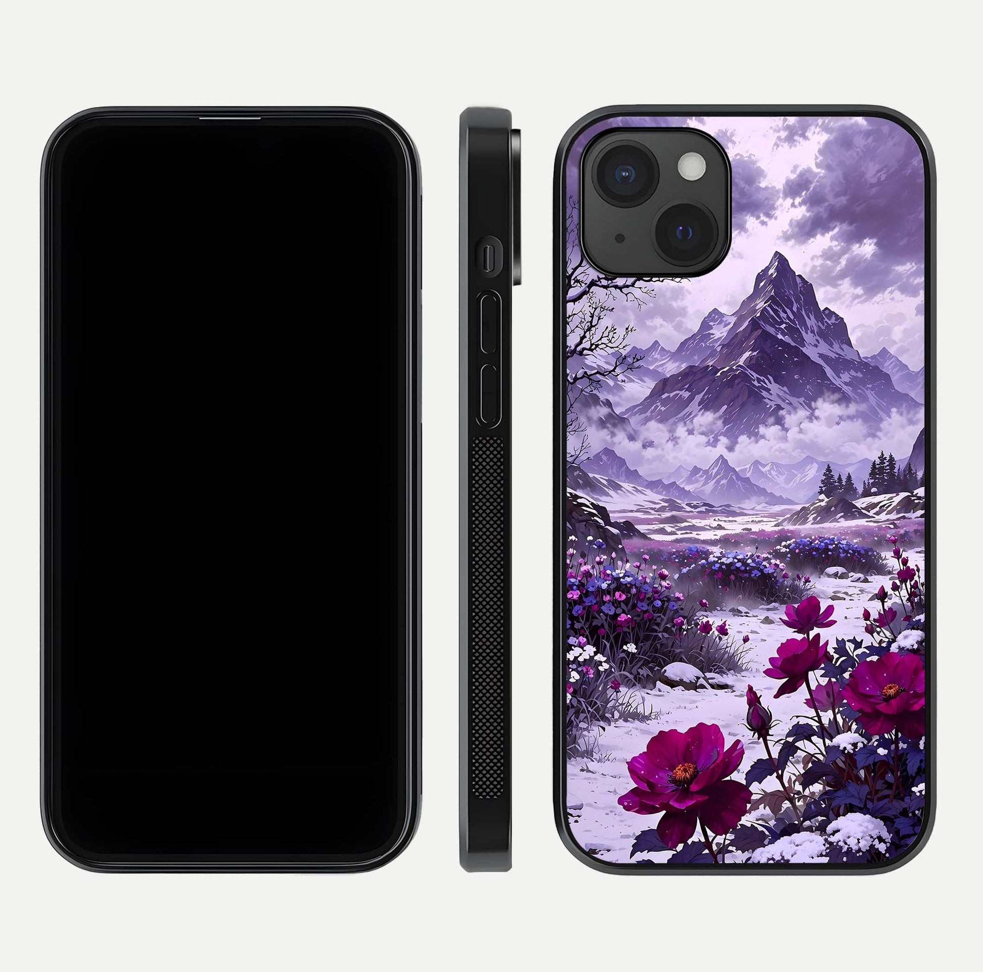 Flower Mountain View Glass Case for iPhone 15 Plus dual-view layout displaying scenic tones and curved glass finish