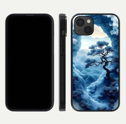 Frozen Serenity Gate Glass Case for iPhone 15 Plus dual-view layout displaying winter theme and smooth curves