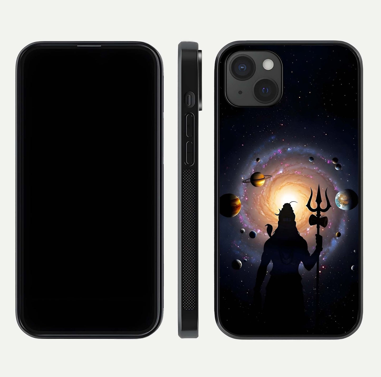 Galactic Shiva Vision Glass Case for iPhone 15 Plus front and back view layout showing celestial background and polished curved glass
