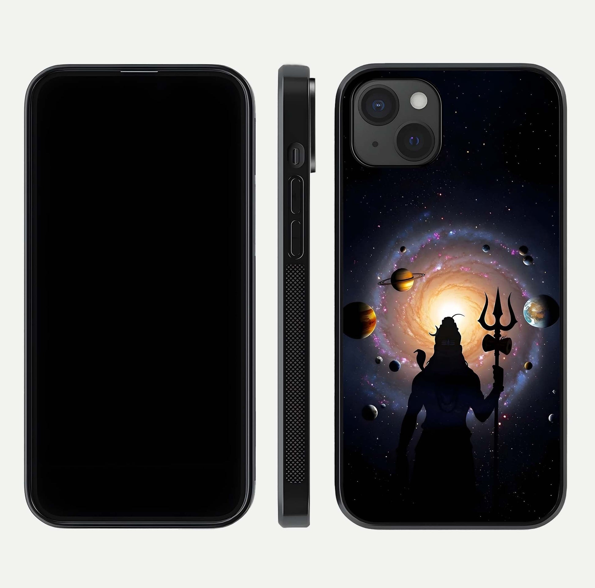 Galactic Shiva Vision Glass Case for iPhone 15 Plus front and back view layout showing celestial background and polished curved glass