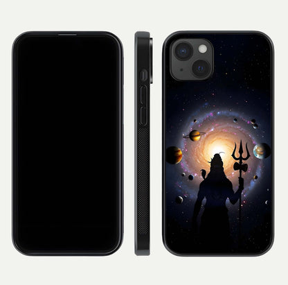 Galactic Shiva Vision Glass Case for iPhone 15 Plus front and back view layout showing celestial background and polished curved glass