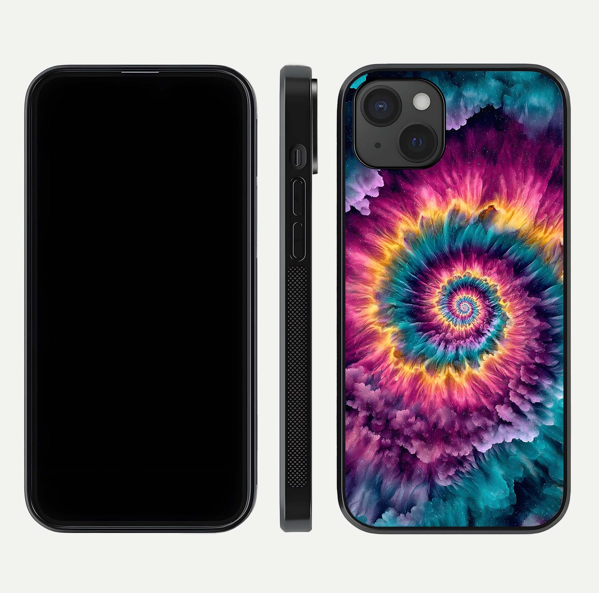 Galactic Spiral Burst Glass Case for iPhone 15 Plus front and back view layout highlighting cosmic swirl and curved edges