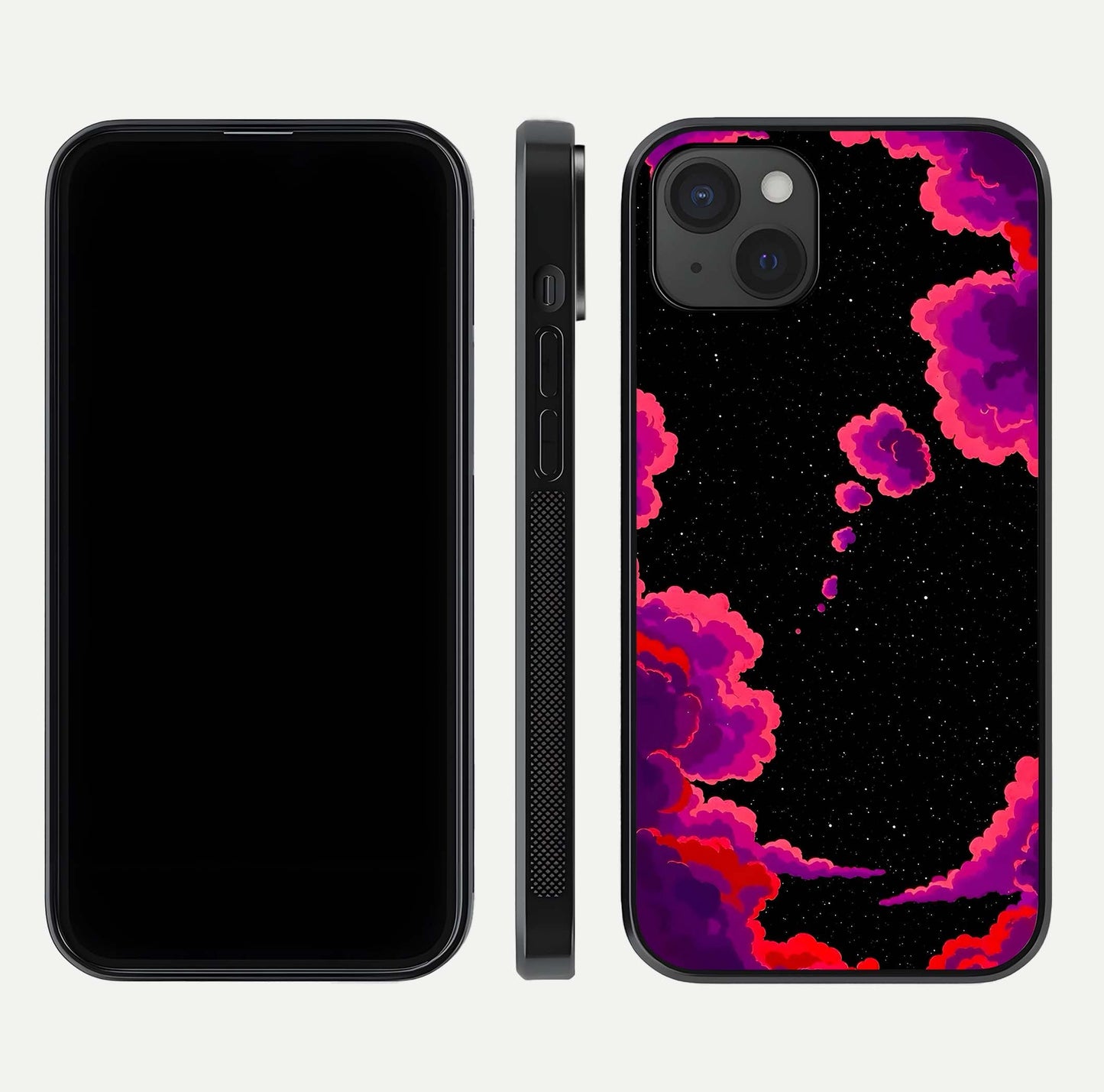 Galaxy Dream Frame Glass Case for iPhone 15 Plus front and back view layout highlighting cosmic design and smooth glass curvature