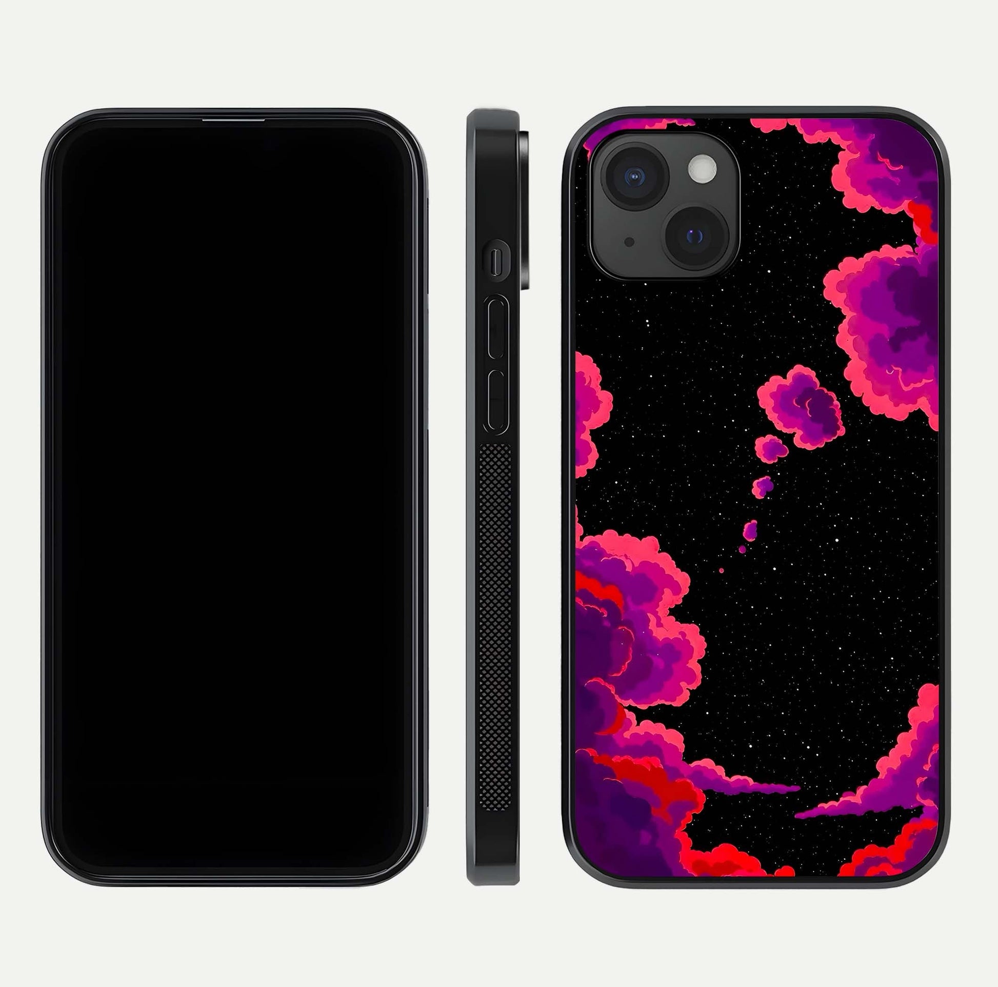 Galaxy Dream Frame Glass Case for iPhone 15 Plus front and back view layout highlighting cosmic design and smooth glass curvature