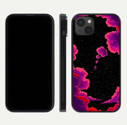 Galaxy Dream Frame Glass Case for iPhone 15 Plus front and back view layout highlighting cosmic design and smooth glass curvature