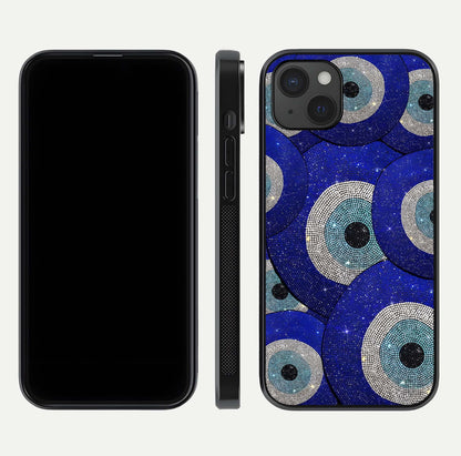 Galaxy Eye Flow Glass Case for iPhone 15 Plus front and back view layout displaying cosmic art and curved glass borders