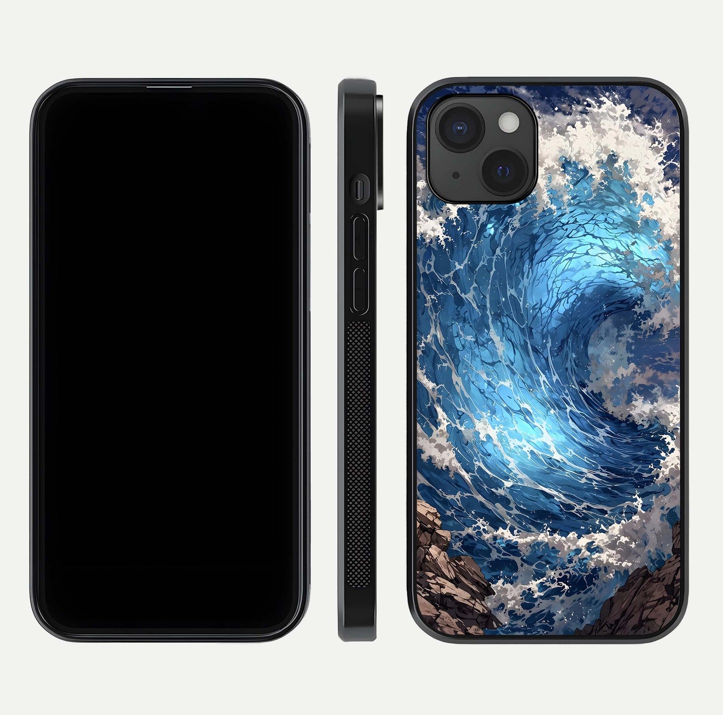 Giant Ocean Wave Glass Case for iPhone 15 Plus front and back view layout displaying sea tones and smooth curved edges