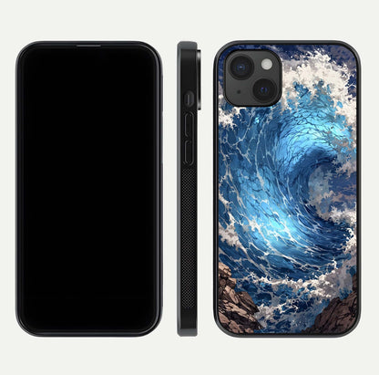 Giant Ocean Wave Glass Case for iPhone 15 Plus front and back view layout displaying sea tones and smooth curved edges