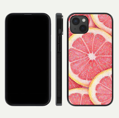 Glitter Grapefruit Glass Case for iPhone 15 Plus front and back view layout highlighting citrus hues and smooth glass