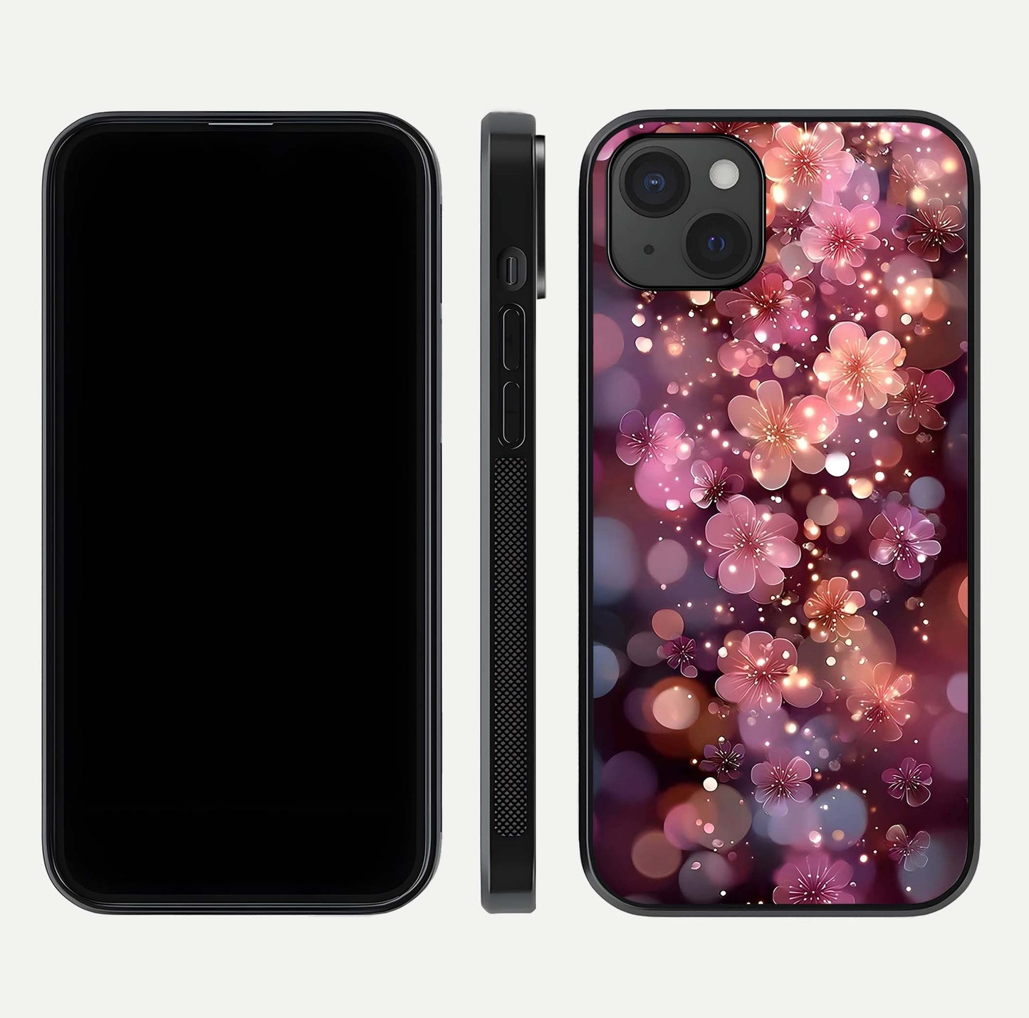 Glowing Petal Bliss Glass Case for iPhone 15 Plus front and back view layout displaying artistic floral design and curved glass