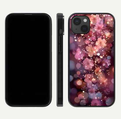 Glowing Petal Bliss Glass Case for iPhone 15 Plus front and back view layout displaying artistic floral design and curved glass