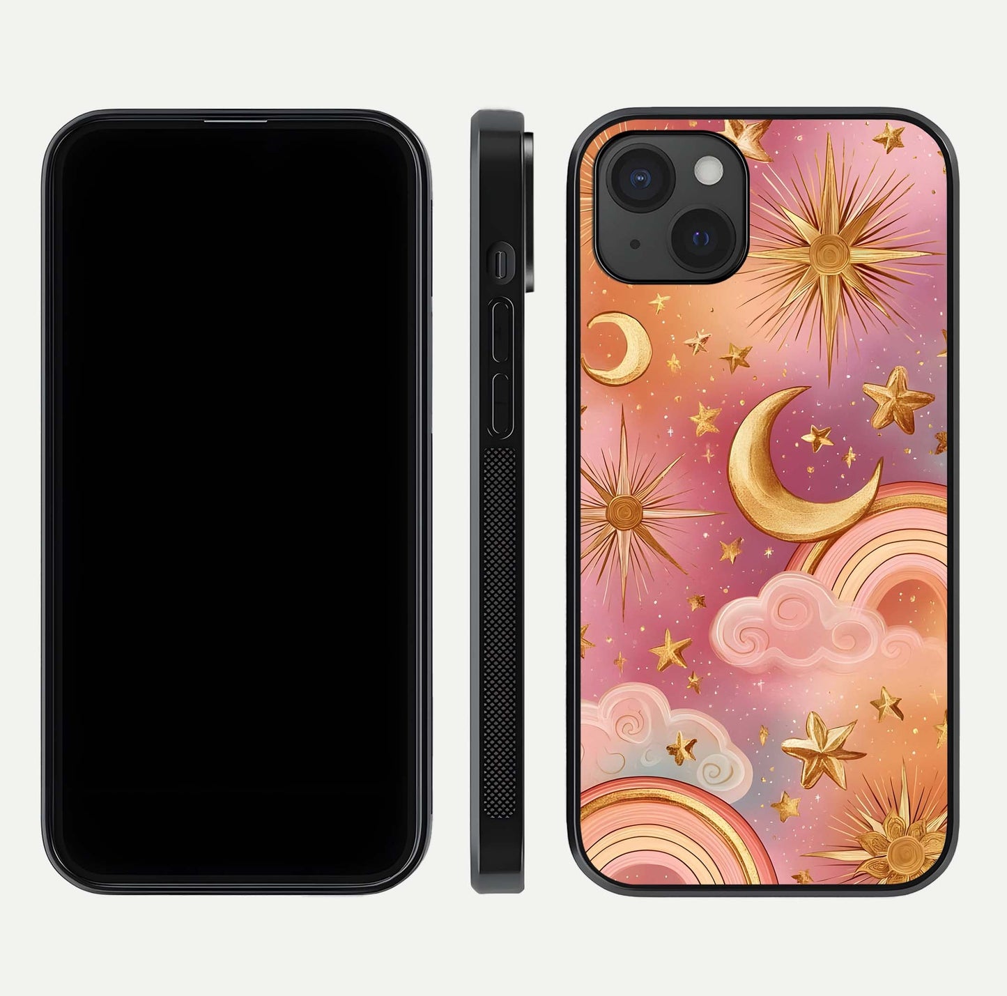 Golden Celestial Dreams Glass Case for iPhone 15 Plus front and back view layout highlighting celestial motifs and smooth curved edge