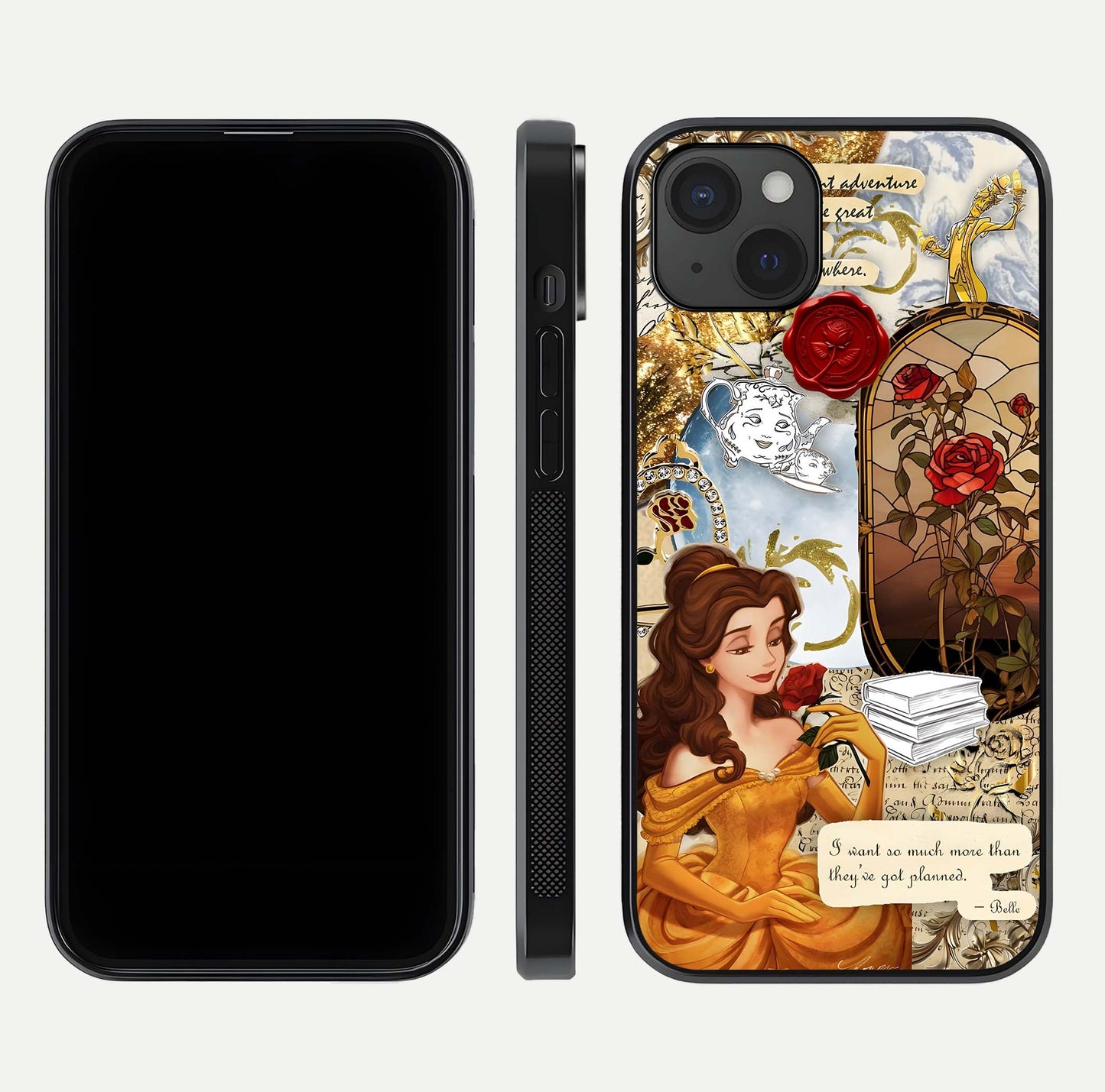 Golden Dream Belle Glass Case for iPhone 15 Plus front and back view layout displaying dreamy golden theme and smooth curvature