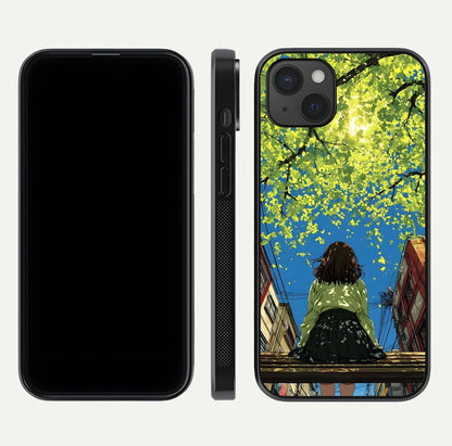Golden Leaves Glow Glass Case for iPhone 15 Plus front and back view layout highlighting glowing tones and curved edges
