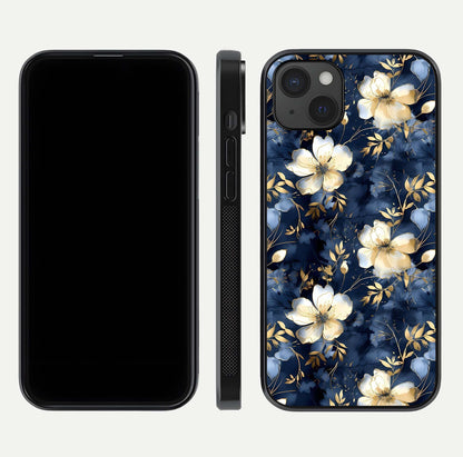 Golden Midnight Bloom Glass Case for iPhone 15 Plus front and back view layout highlighting dark-gold tones and smooth curves