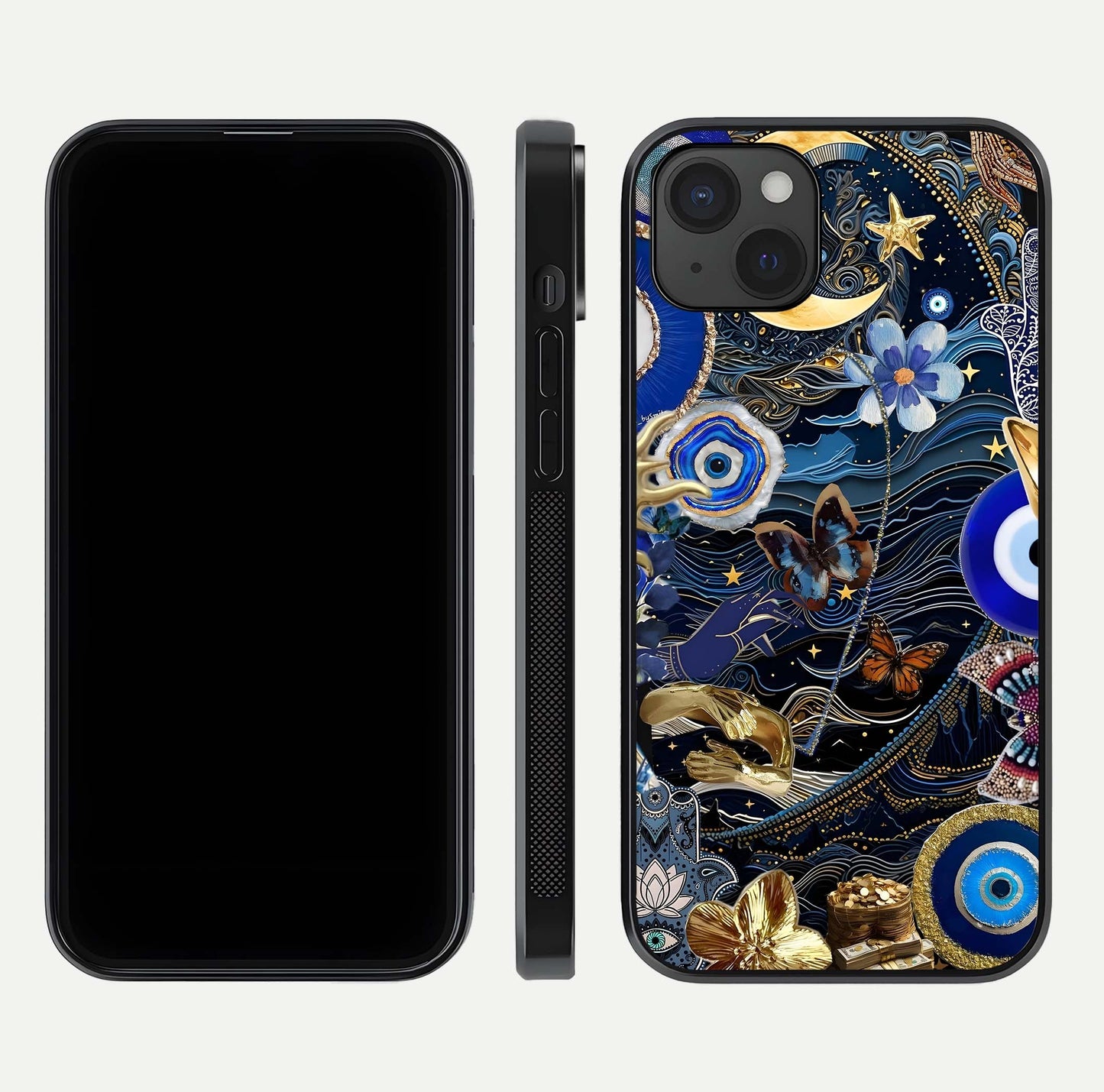 Golden Moon Magic Glass Case for iPhone 15 Plus front and back view layout highlighting celestial tones and curved glass