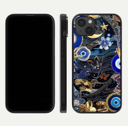 Golden Moon Magic Glass Case for iPhone 15 Plus front and back view layout highlighting celestial tones and curved glass