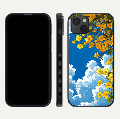 Golden Petal Sky Glass Case for iPhone 15 Plus front and back view layout highlighting floral pattern and curved glass edges