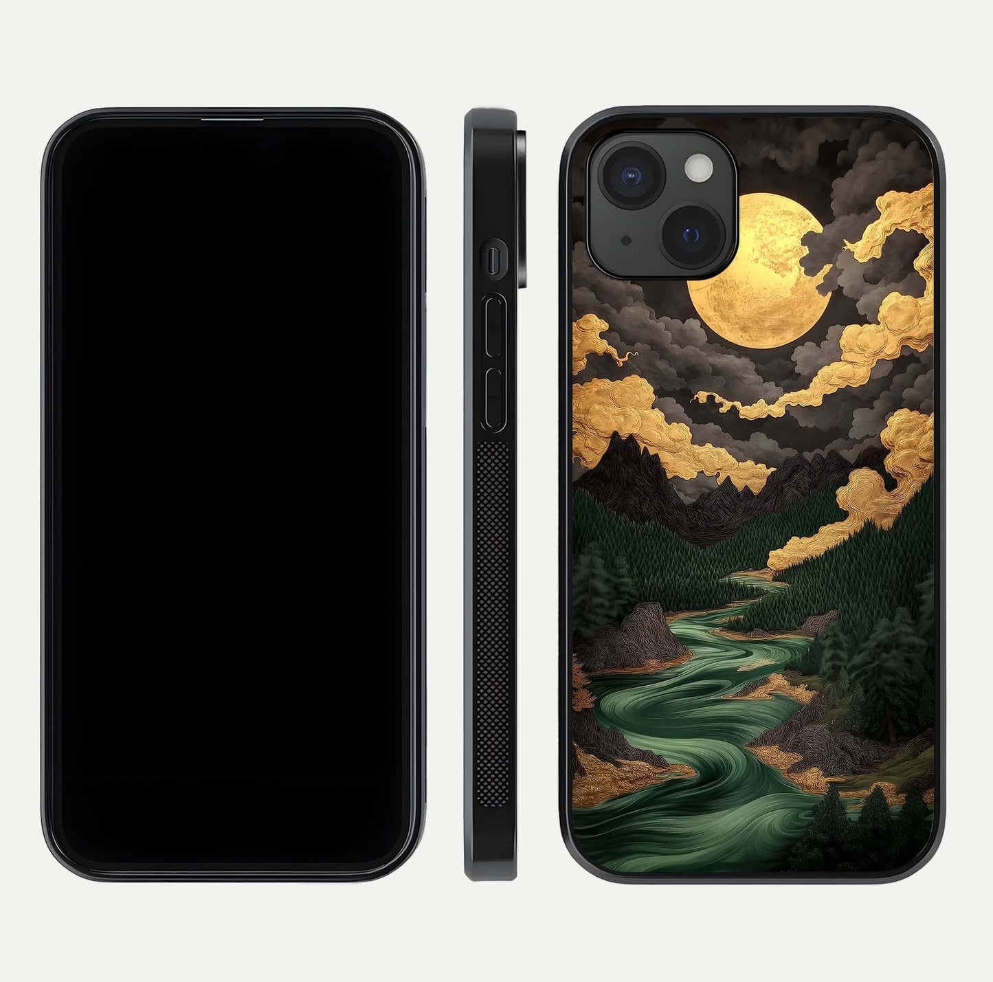 Golden River Moon Glass Case for iPhone 15 Plus front and back view layout displaying celestial glow and smooth curves