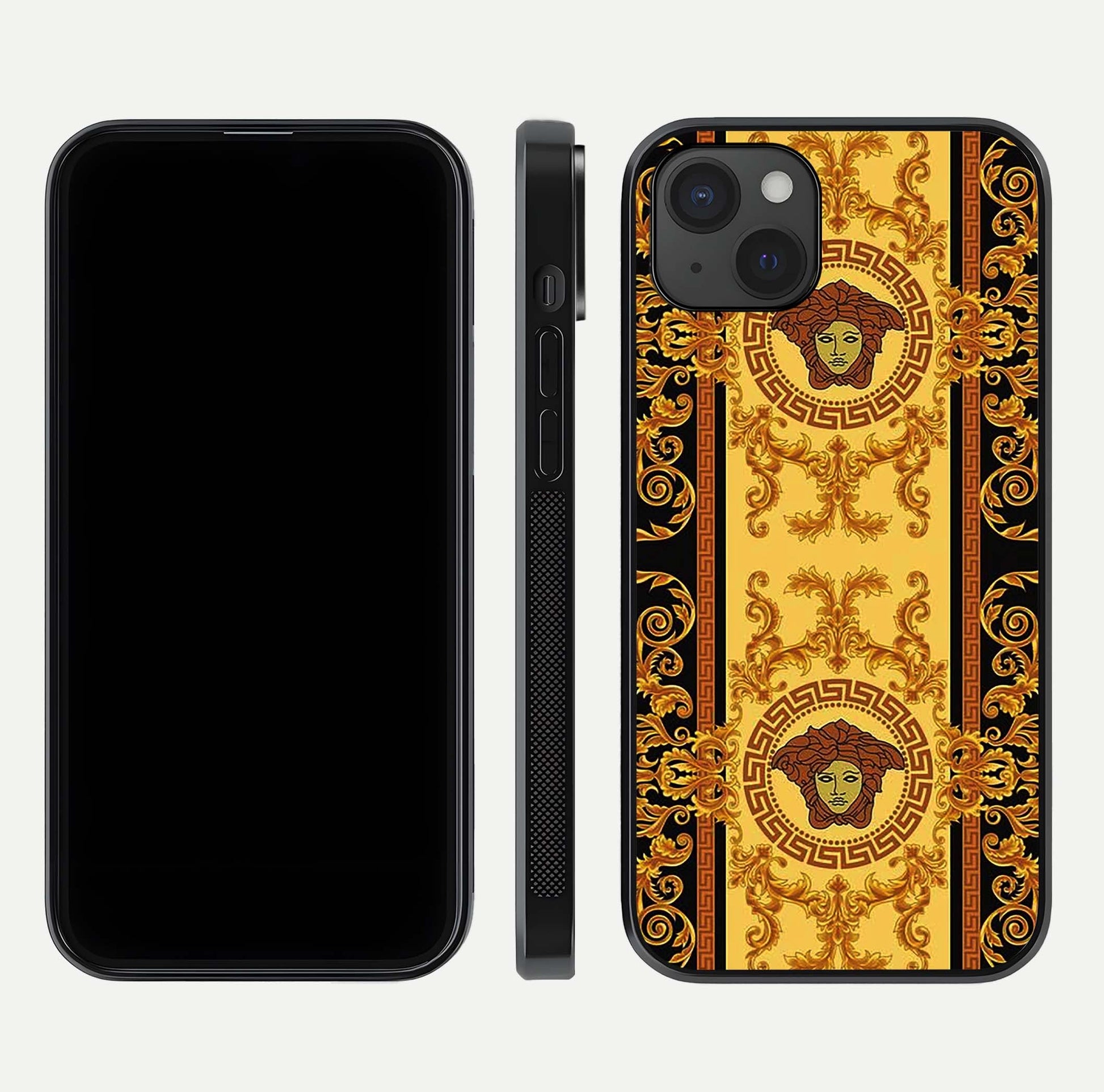 Golden Royal Heritage Glass Case for iPhone 15 Plus front and back view layout displaying ornate gold texture and curved edges