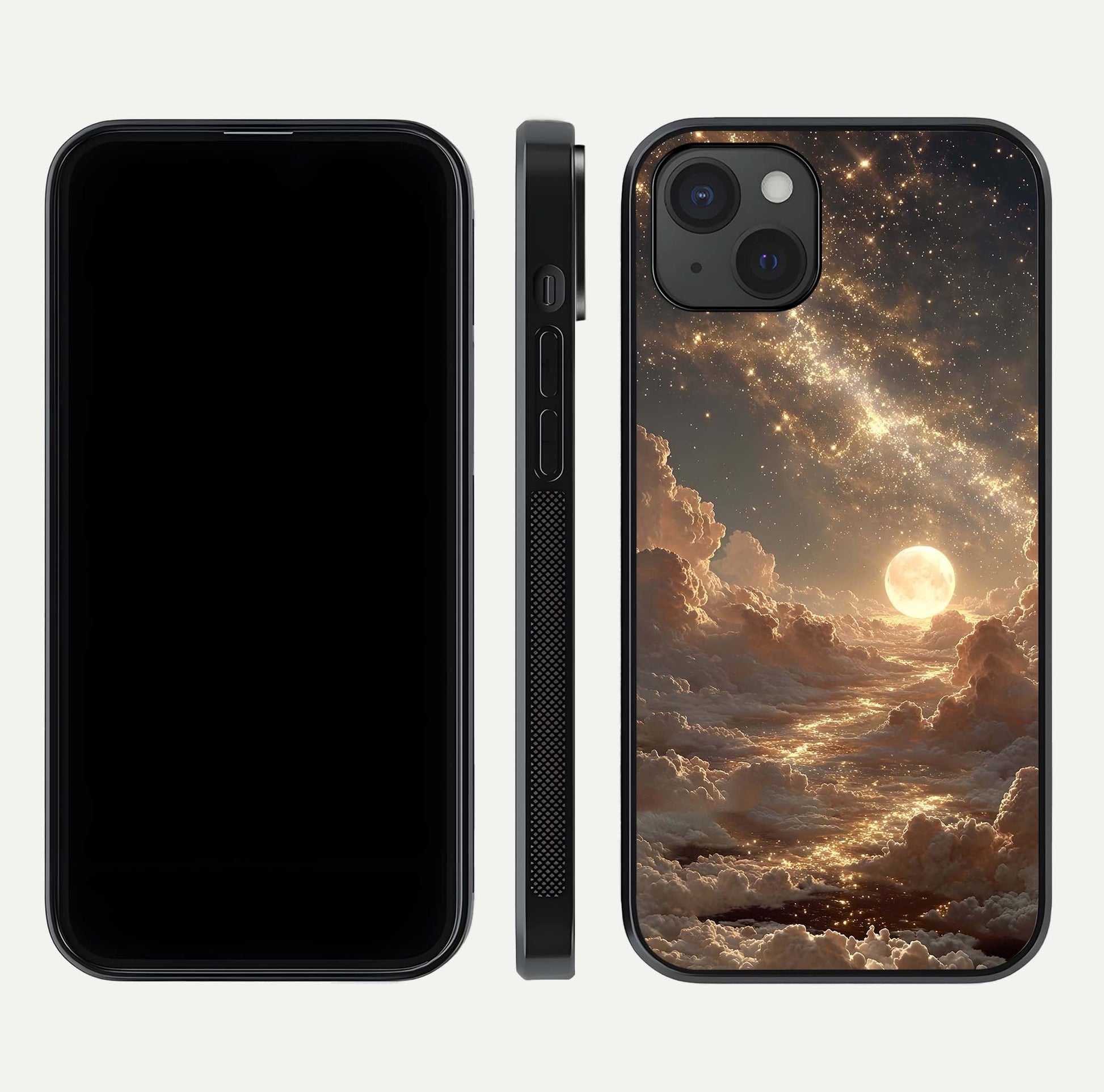 Golden Sky Dream Glass Case for iPhone 15 Plus front and back view layout highlighting celestial gold hues and curved glass
