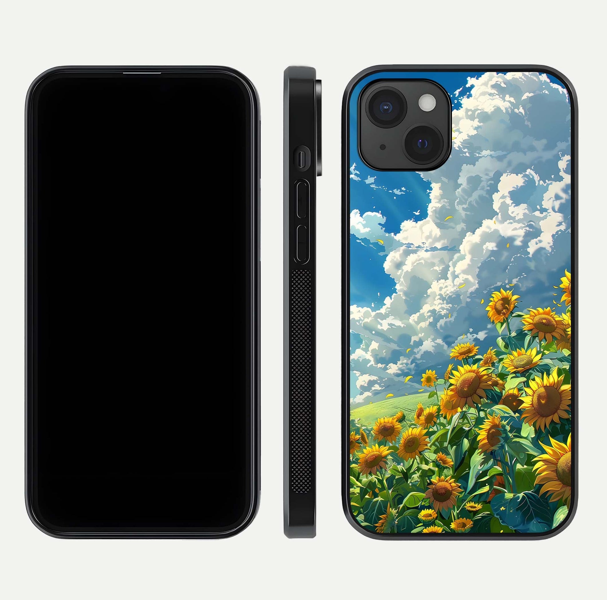 Golden Sun Glory Glass Case for iPhone 15 Plus front and back view layout displaying bright golden tones and curved edges