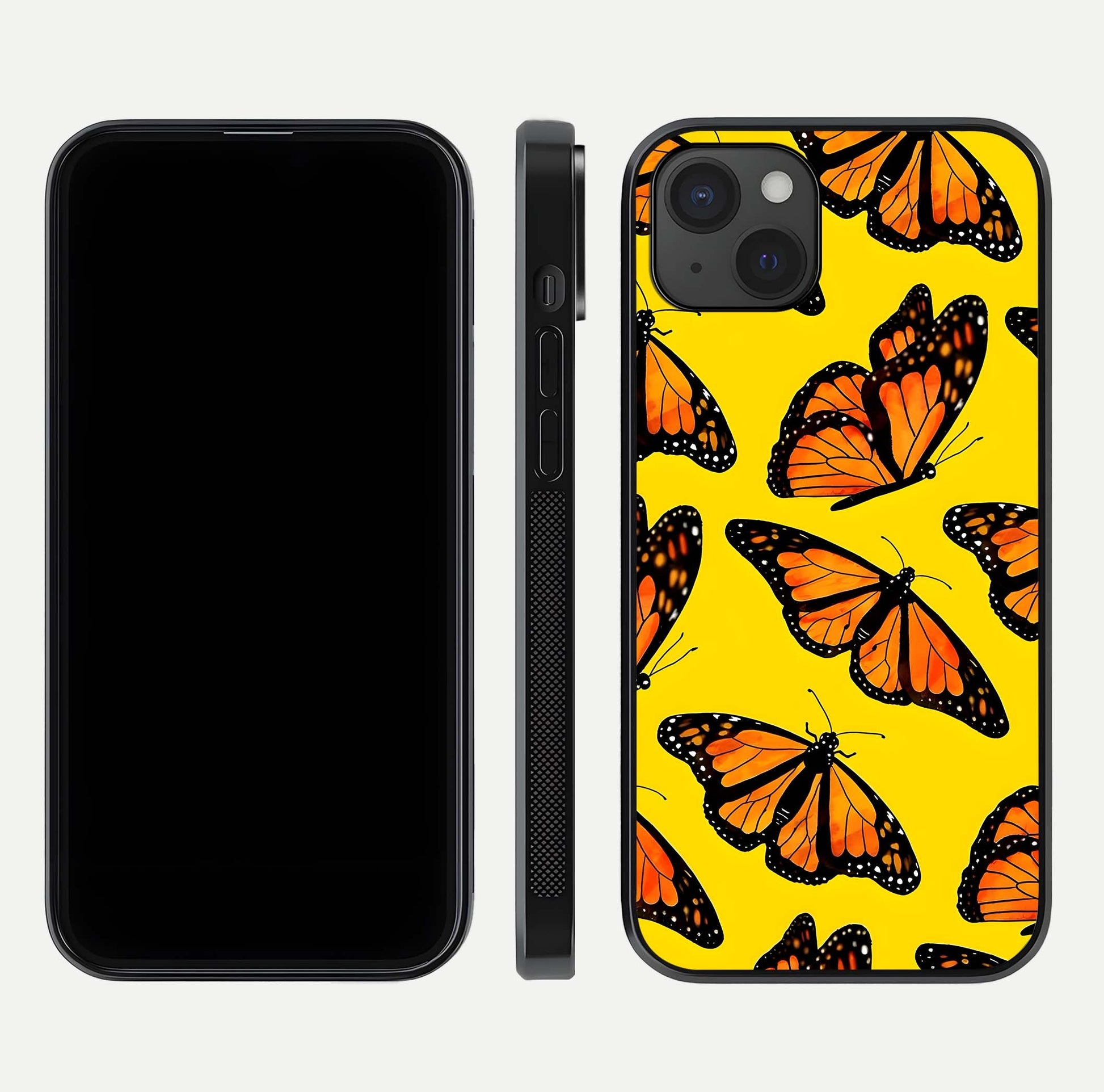 Golden Wing Flight Glass Case for iPhone 15 Plus front and back view layout highlighting graceful lines and curved glass