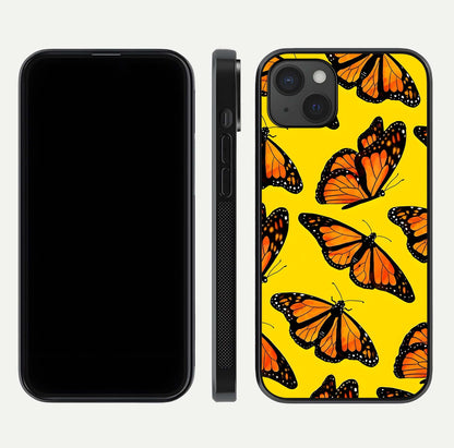 Golden Wing Flight Glass Case for iPhone 15 Plus front and back view layout highlighting graceful lines and curved glass