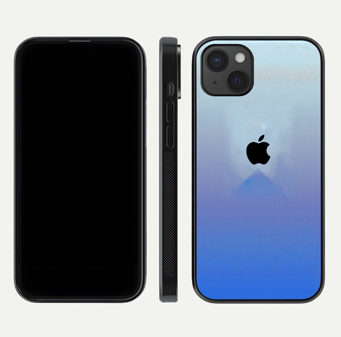 Gradient Apple Vibe Glass Case for iPhone 15 Plus front and back view layout highlighting minimalist Apple design and curved edges