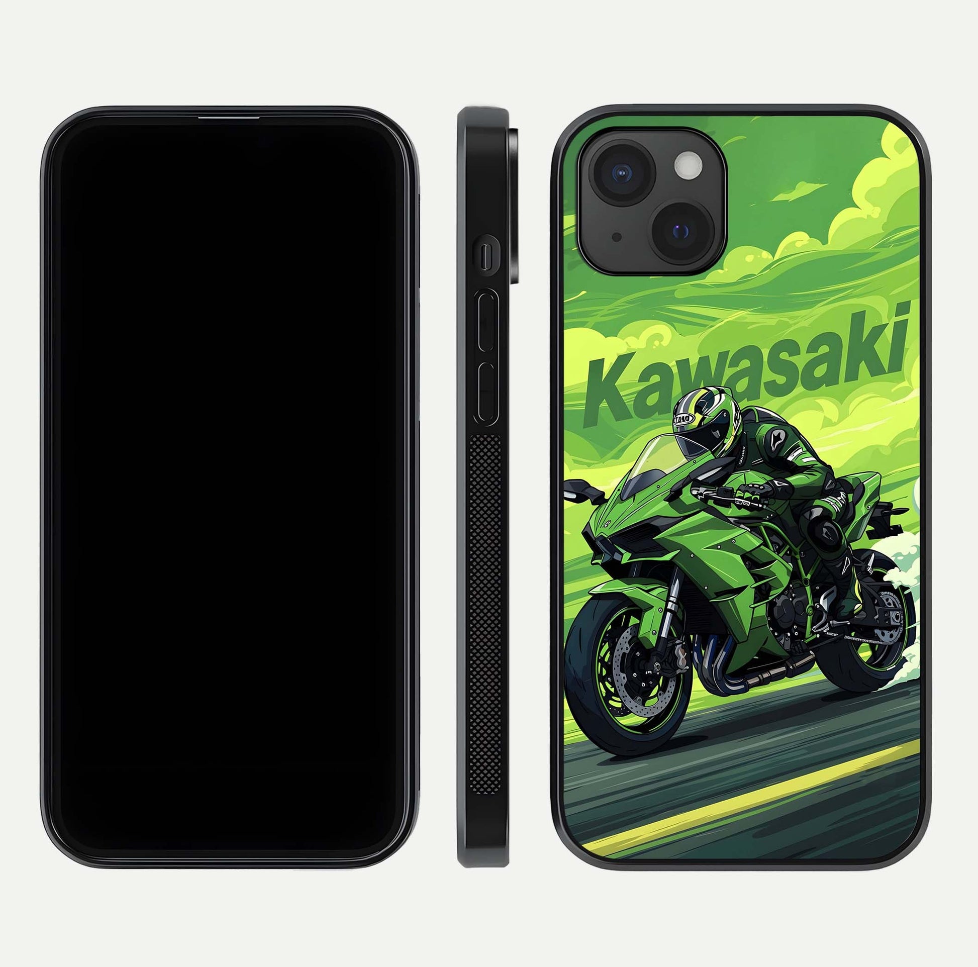 Green Kawasaki Glass Case for iPhone 15 Plus front and back view layout highlighting vivid green tones and curved glass edges