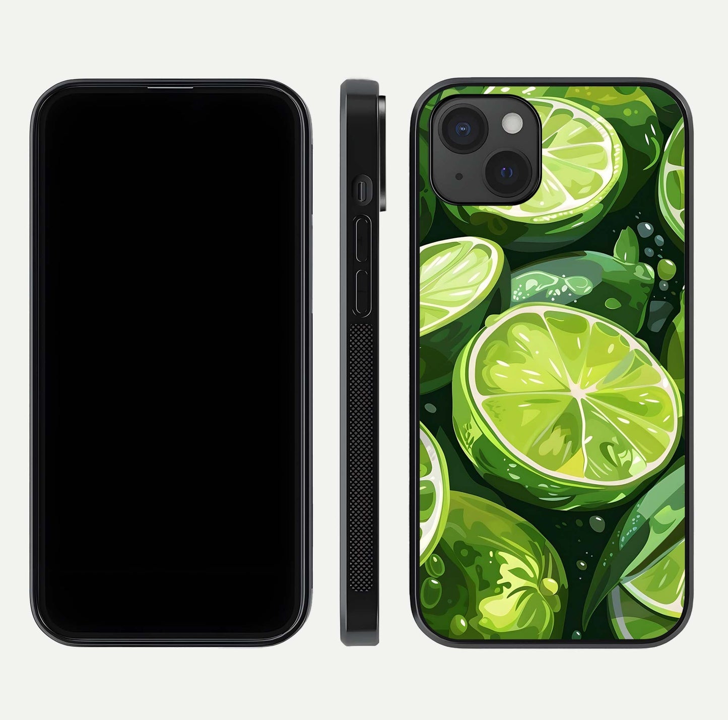 Green Lemon Glass Case for iPhone 15 Plus front and back view layout displaying vibrant yellow-green hues and smooth edges