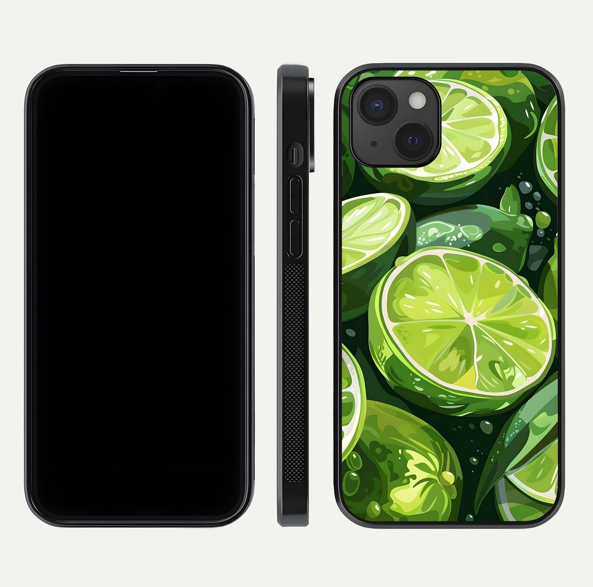 Green Lemon Glass Case for iPhone 15 Plus front and back view layout displaying vibrant yellow-green hues and smooth edges