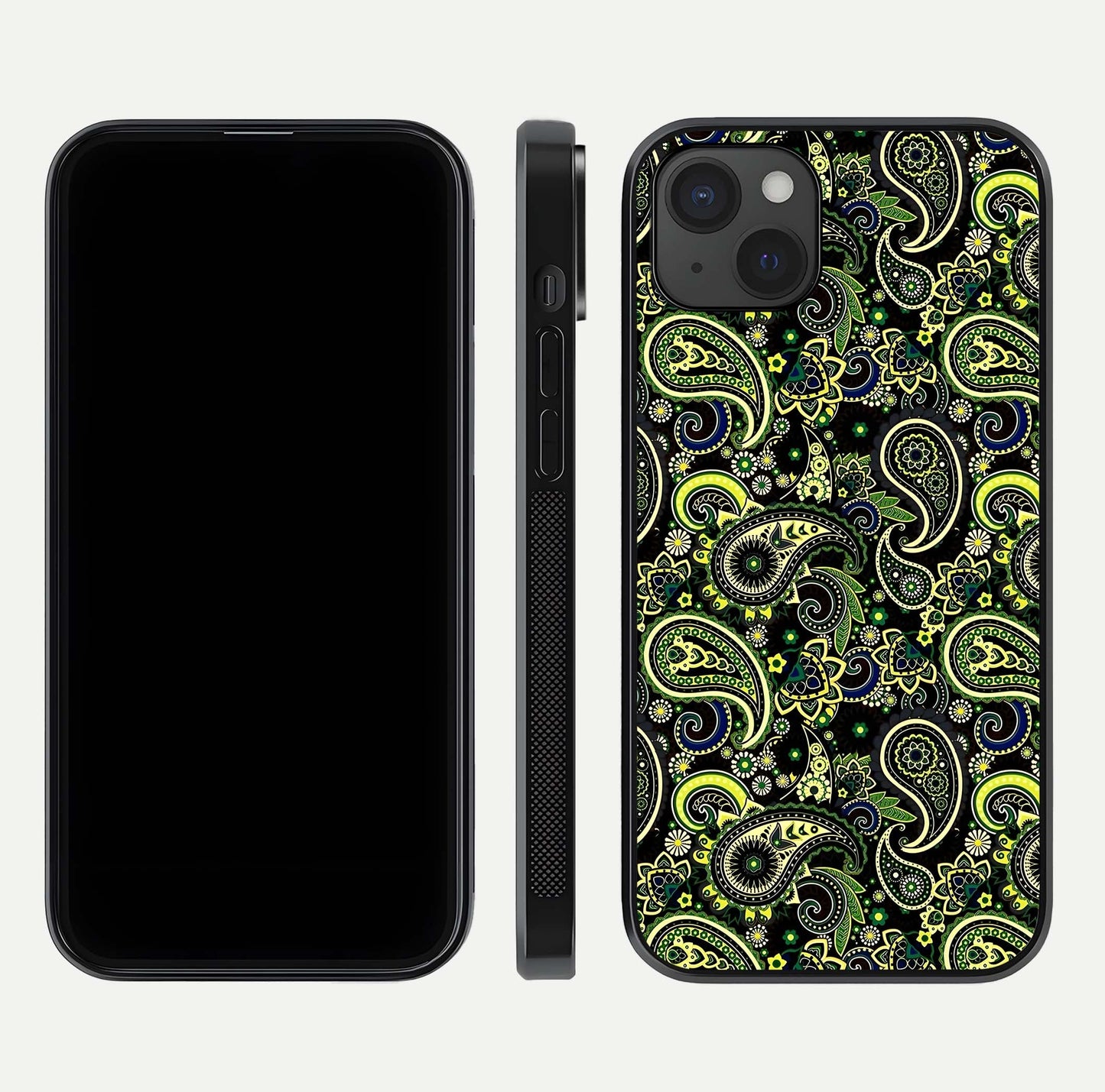 Green Mandala Pattern Glass Case for iPhone 15 Plus front and back view layout highlighting geometric art and curved glass