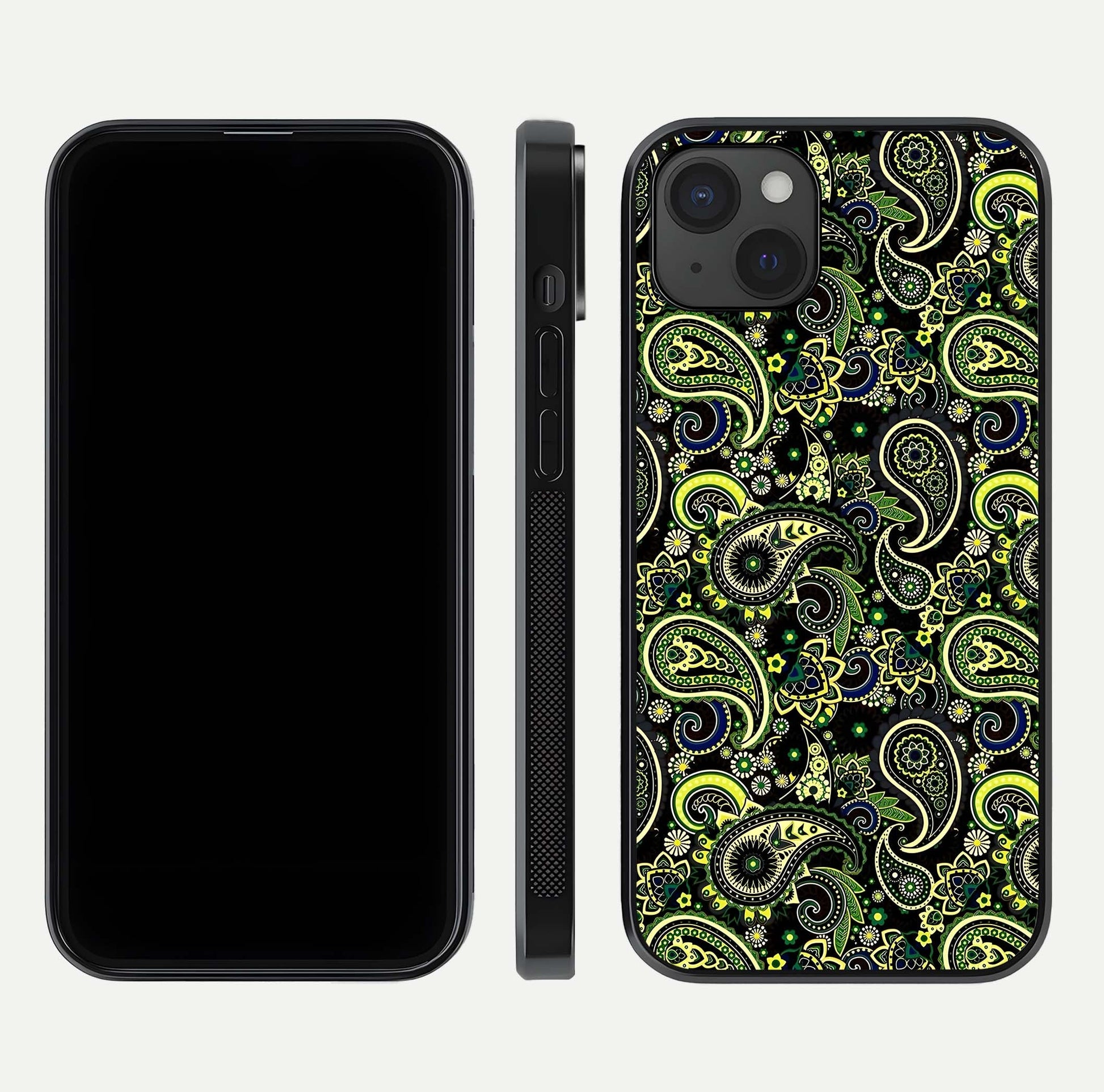 Green Mandala Pattern Glass Case for iPhone 15 Plus front and back view layout highlighting geometric art and curved glass