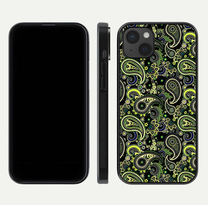 Green Mandala Pattern Glass Case for iPhone 15 Plus front and back view layout highlighting geometric art and curved glass