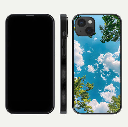 Greenery Sky Glass Case for iPhone 15 Plus front and back view layout displaying scenic green-blue gradient and curved edges