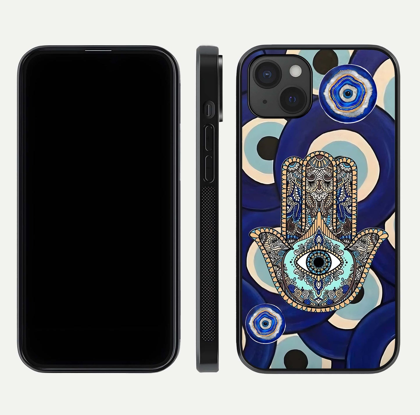 Hamsa Divine Guard Glass Case for iPhone 15 Plus front and back view layout highlighting spiritual artwork and smooth edges