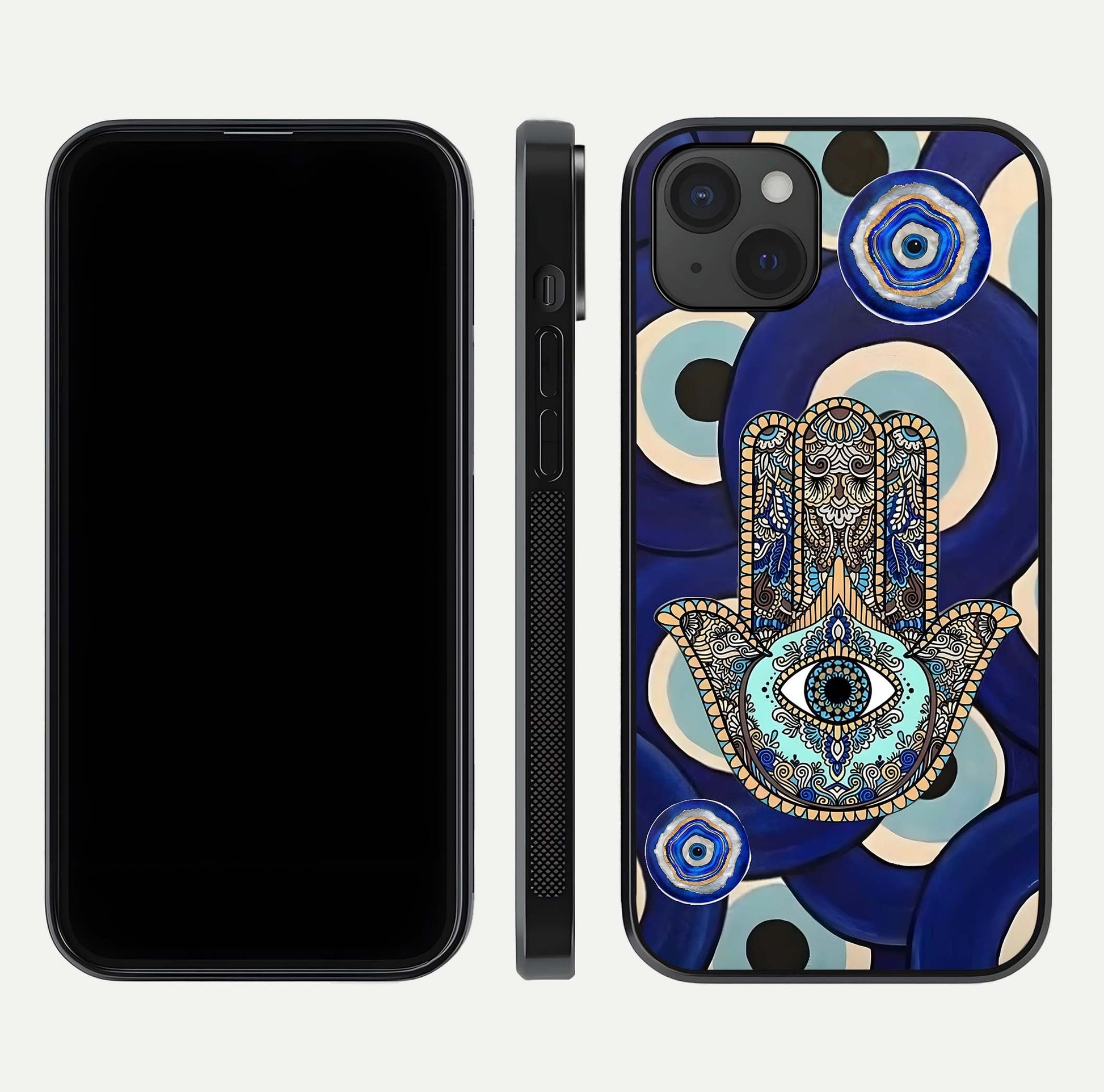 Hamsa Divine Guard Glass Case for iPhone 15 Plus front and back view layout highlighting spiritual artwork and smooth edges