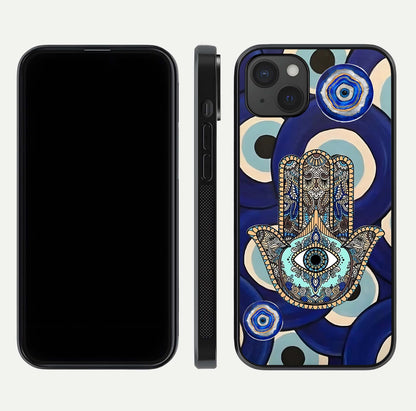 Hamsa Divine Guard Glass Case for iPhone 15 Plus front and back view layout highlighting spiritual artwork and smooth edges