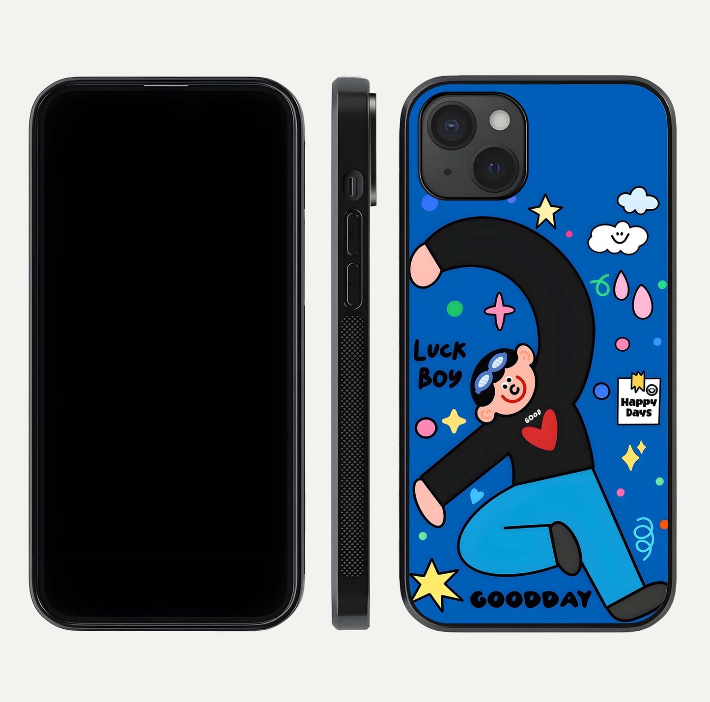 Happy Luck Vibe Glass Case for iPhone 15 Plus front and back view layout highlighting positive motif and curved edges