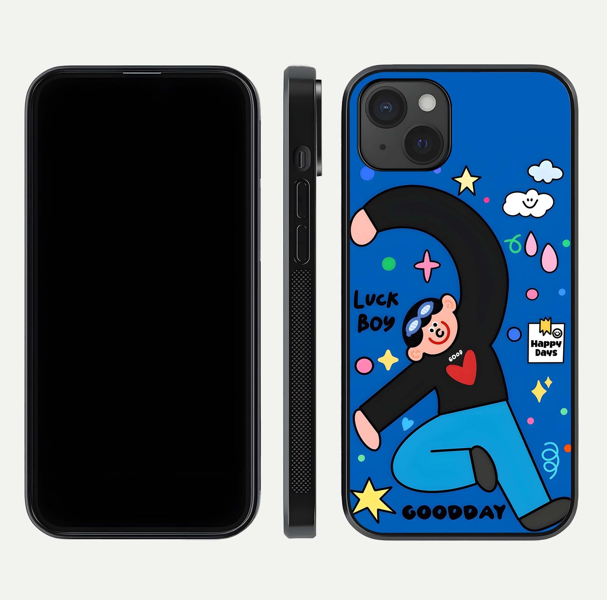 Happy Luck Vibe Glass Case for iPhone 15 Plus front and back view layout highlighting positive motif and curved edges