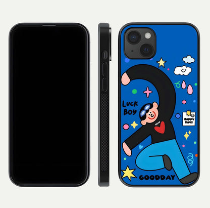 Happy Luck Vibe Glass Case for iPhone 15 Plus front and back view layout highlighting positive motif and curved edges