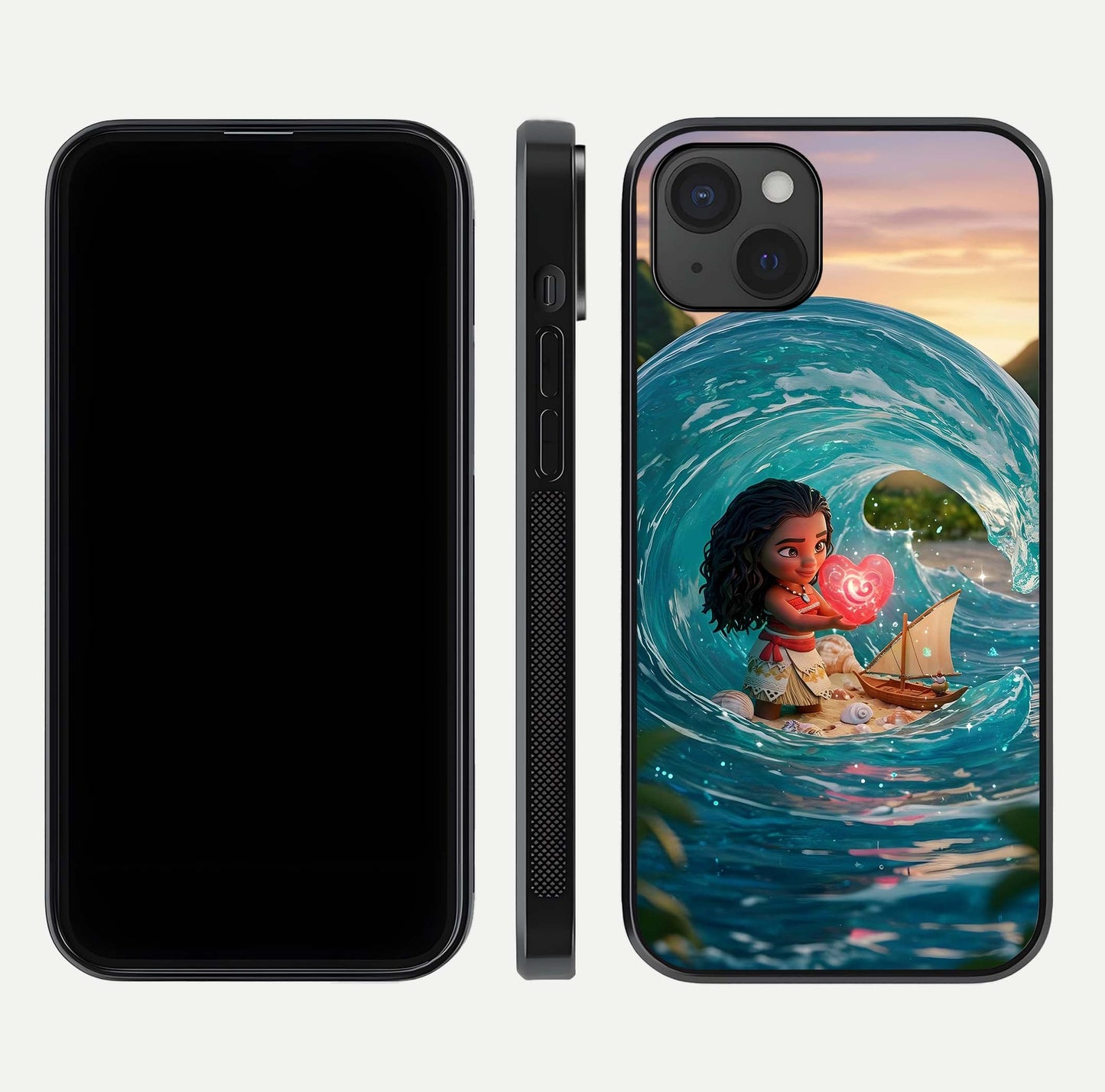 Heart of Ocean Glass Case for iPhone 15 Plus front and back view layout highlighting sea-themed art and curved glass edges