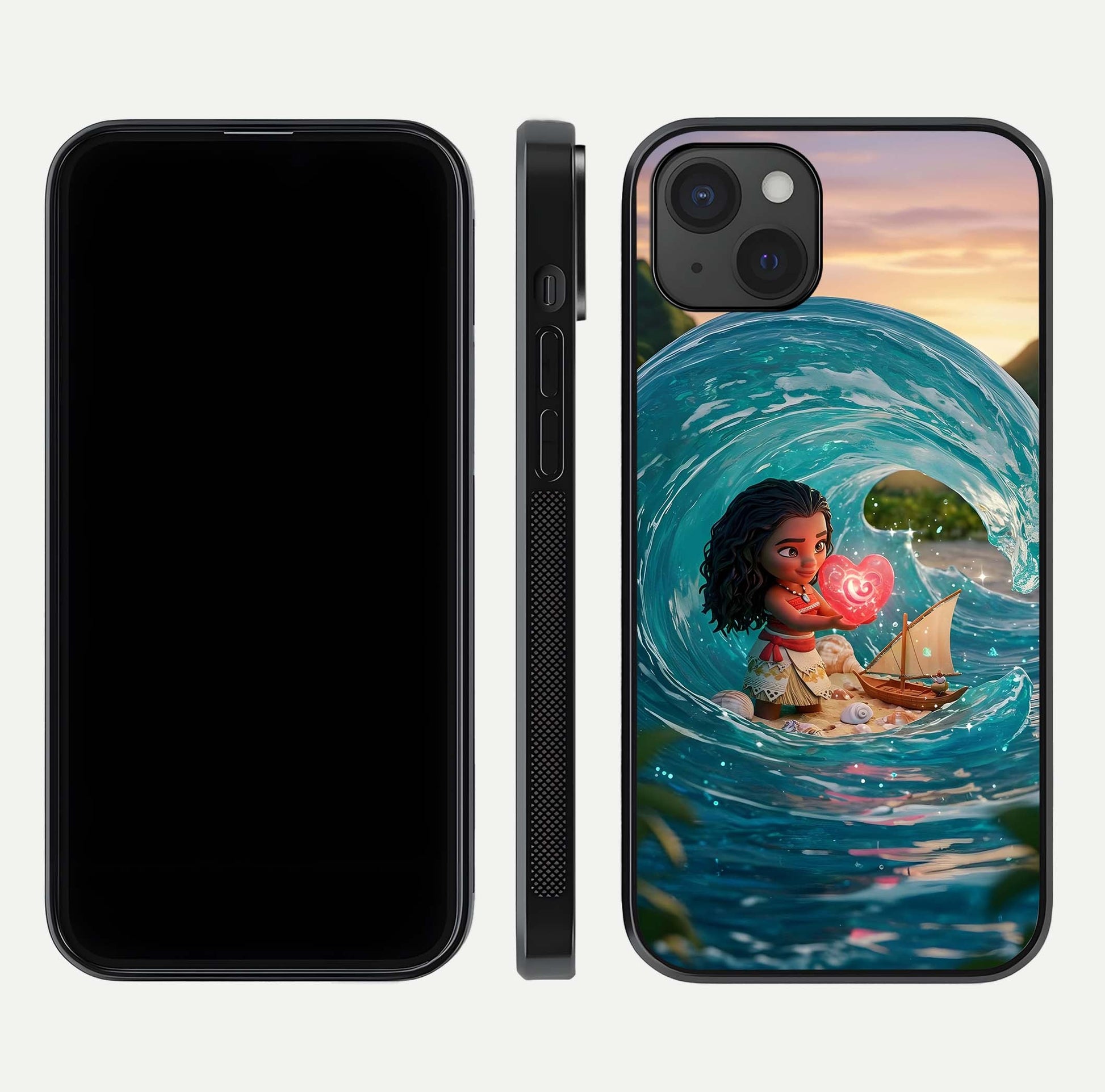 Heart of Ocean Glass Case for iPhone 15 Plus front and back view layout highlighting sea-themed art and curved glass edges