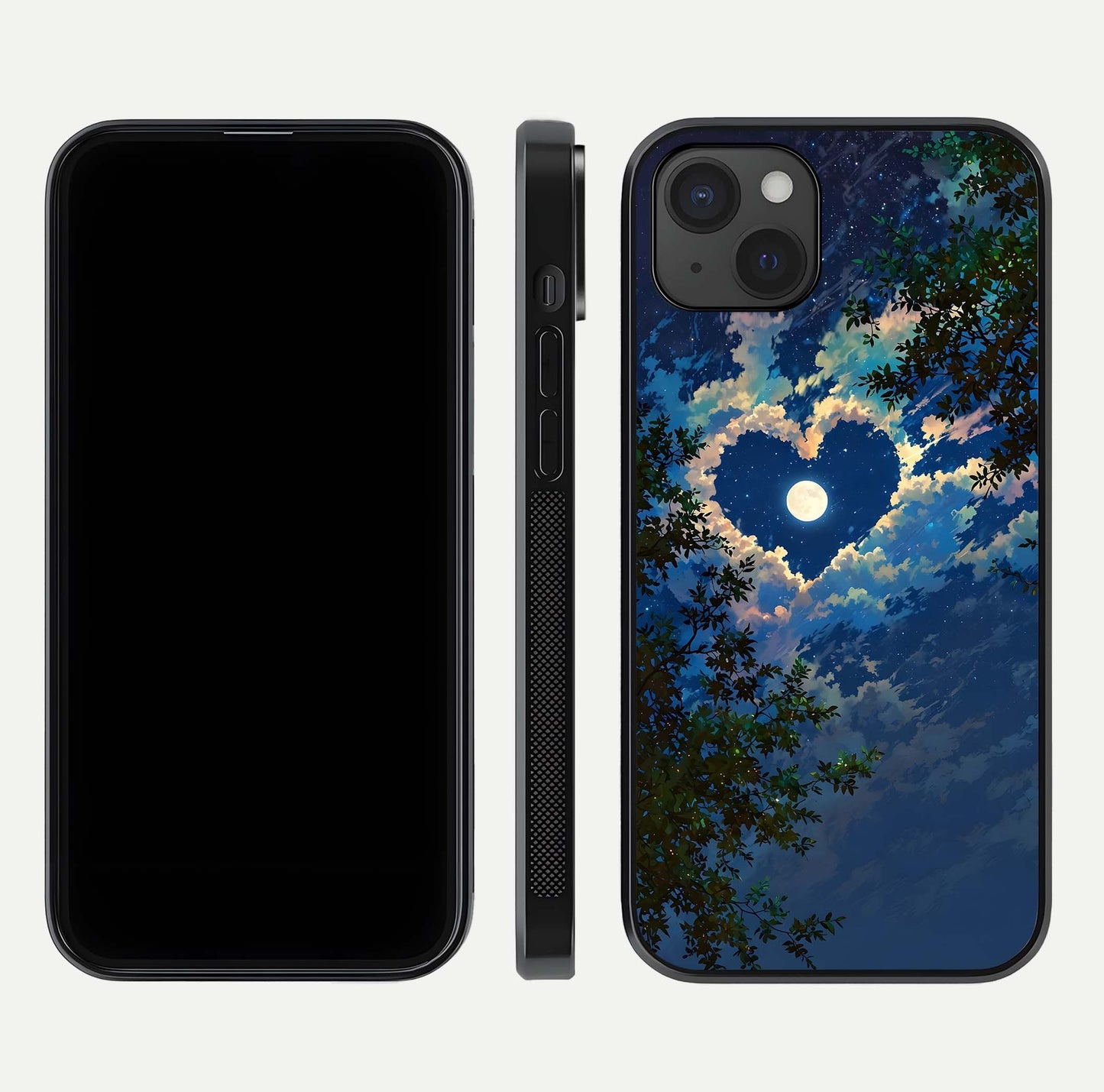 Heart with Moon Sky Glass Case for iPhone 15 Plus front and back view layout displaying celestial tones and curved glass
