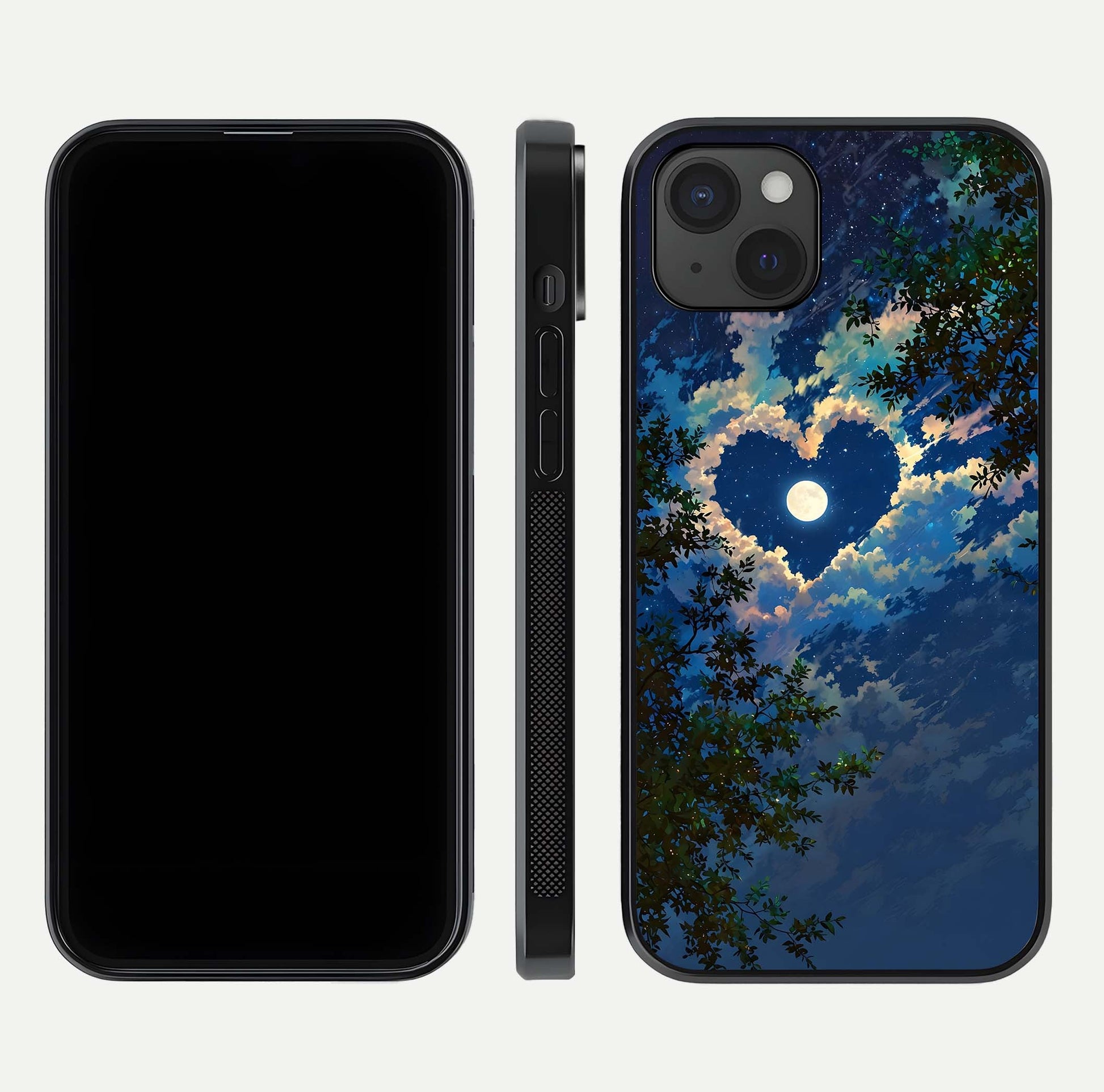 Heart with Moon Sky Glass Case for iPhone 15 Plus front and back view layout displaying celestial tones and curved glass