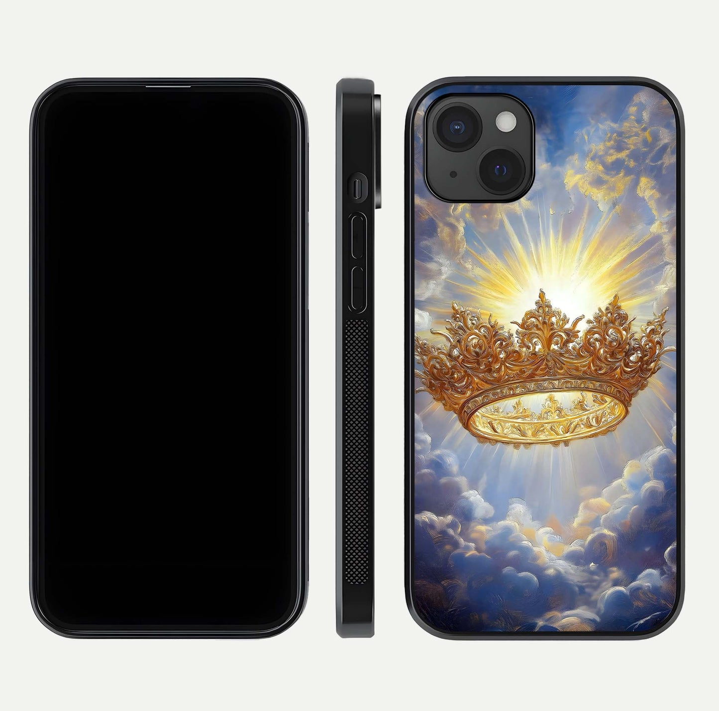 Heavenly Crown Light Glass Case for iPhone 15 Plus front and back view layout highlighting golden aura tones and curved glass edges